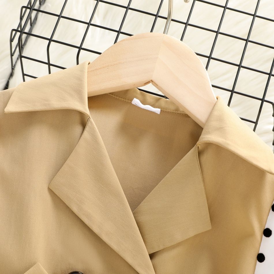 Toddler Girl Polka dots Mesh Splice Lapel Collar Double Breasted Trench Coat Khaki big image 3