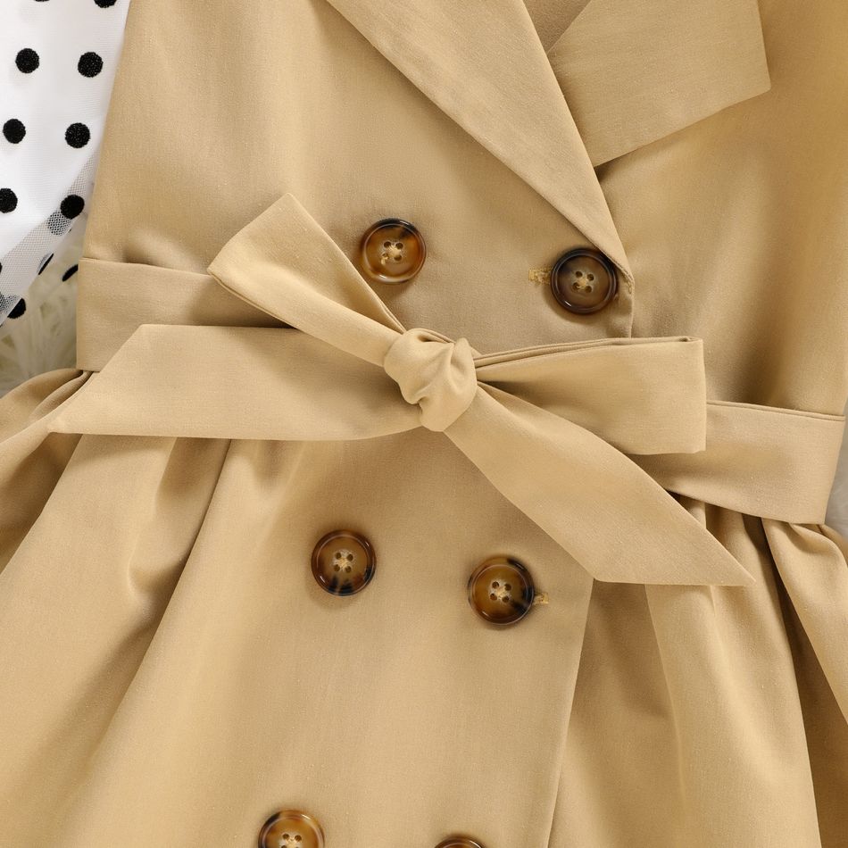 Toddler Girl Polka dots Mesh Splice Lapel Collar Double Breasted Trench Coat Khaki big image 4