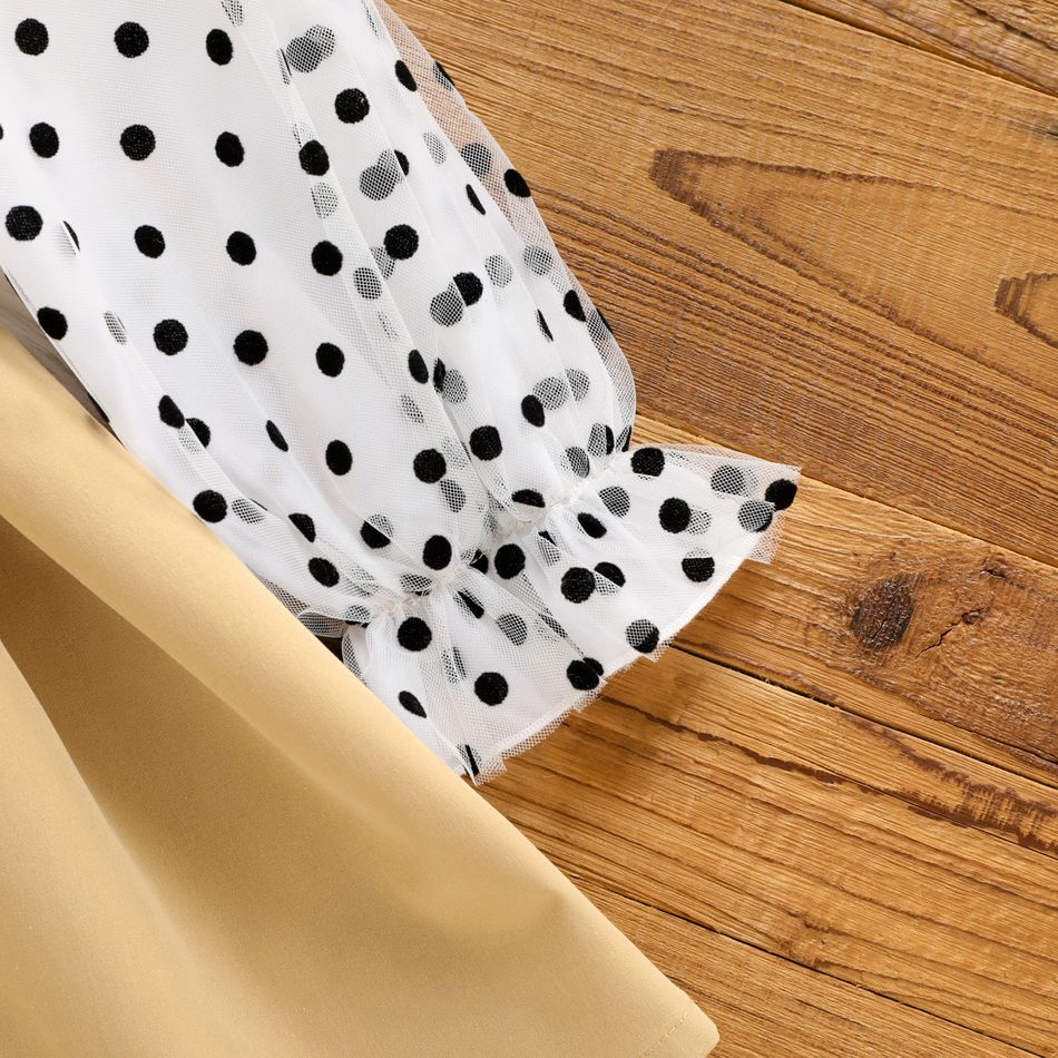 Toddler Girl Polka dots Mesh Splice Lapel Collar Double Breasted Trench Coat Khaki big image 5