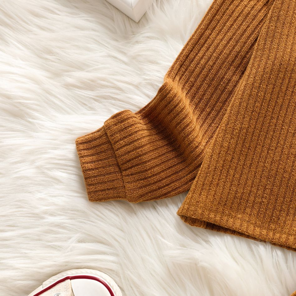 2pcs Toddler Girl Solid Color Ribbed Turtleneck Long-sleeve Tee and Elasticized Pants Set Brown big image 5
