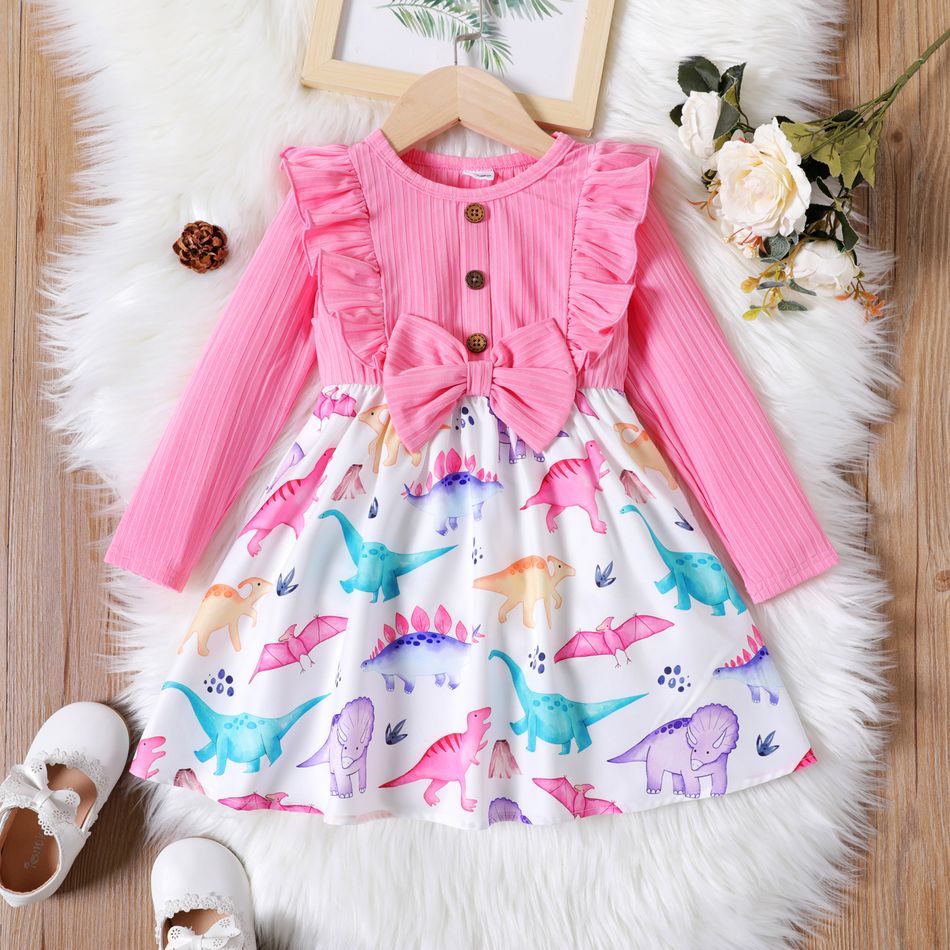 Toddler Girl Dinosaur Print Splice Ruffled Bowknot Design Long-sleeve Dress pink big image 1
