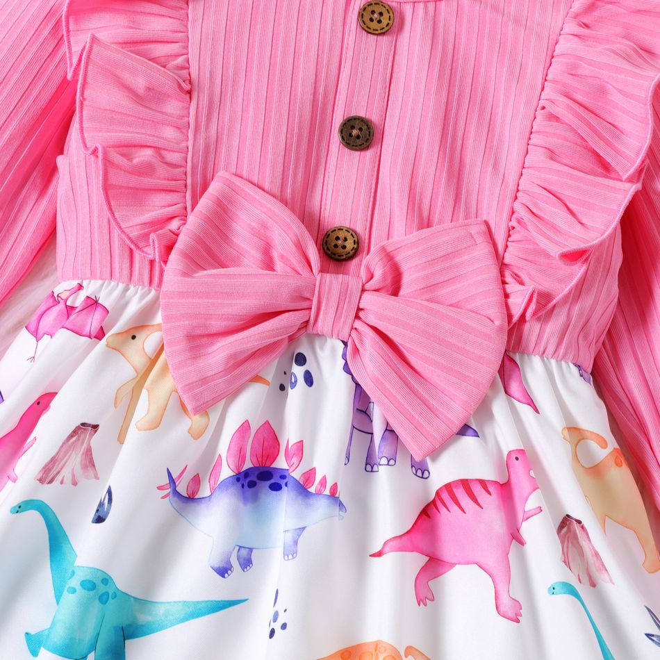 Toddler Girl Dinosaur Print Splice Ruffled Bowknot Design Long-sleeve Dress pink big image 4