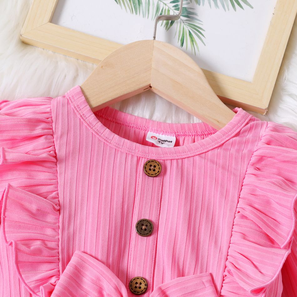 Toddler Girl Dinosaur Print Splice Ruffled Bowknot Design Long-sleeve Dress pink big image 3