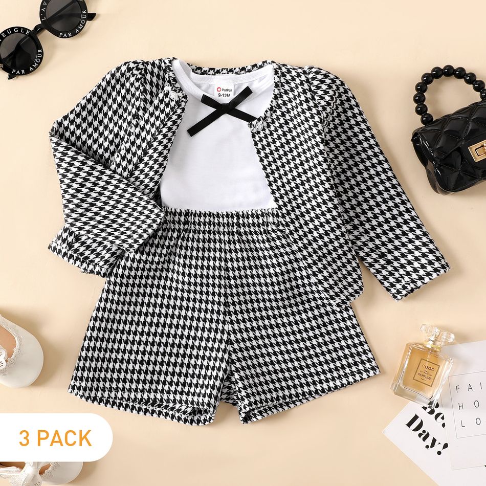 3pcs Baby Girl Houndstooth Long-sleeve Jacket and Shorts with Solid Tee Set BlackandWhite big image 2