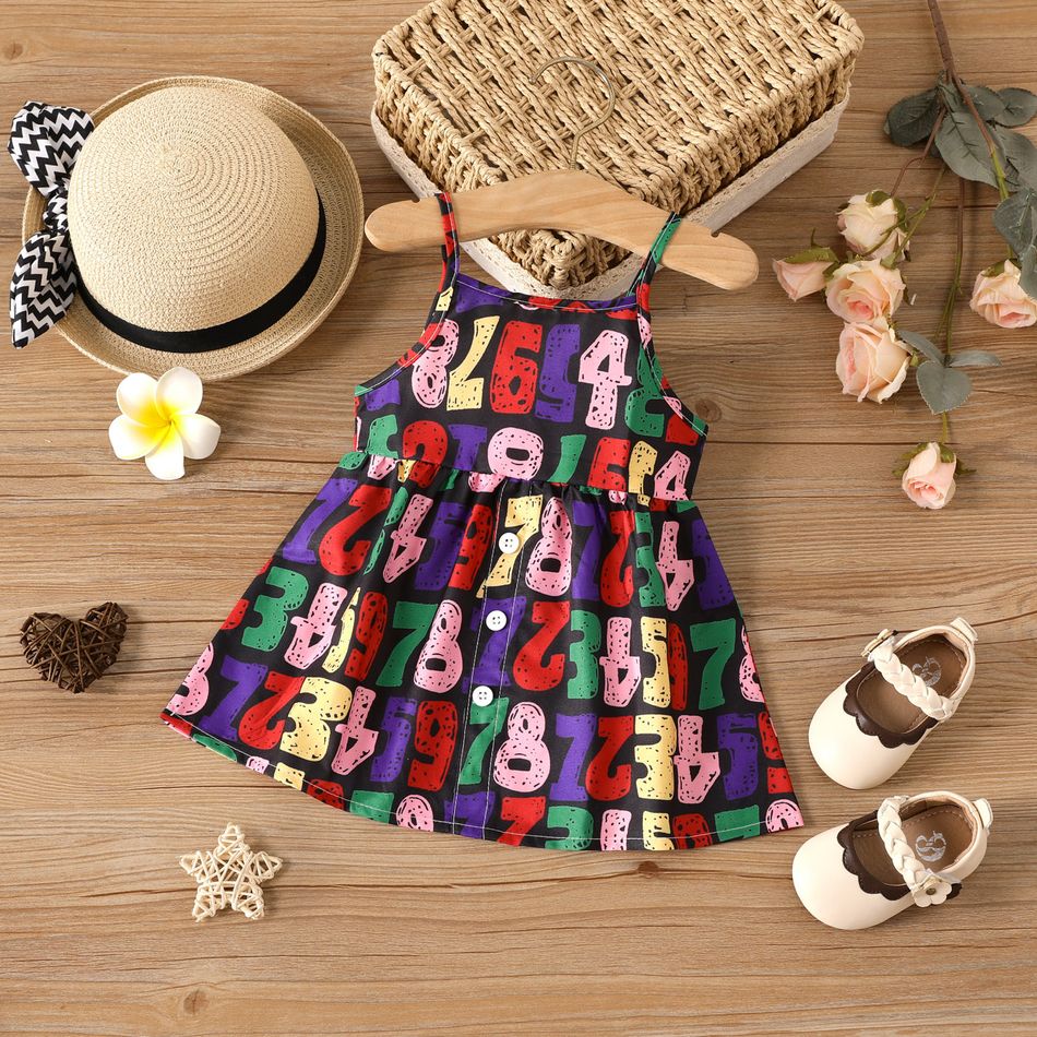 Baby Girl Allover Number Print Button Front Cami Dress MultiColour