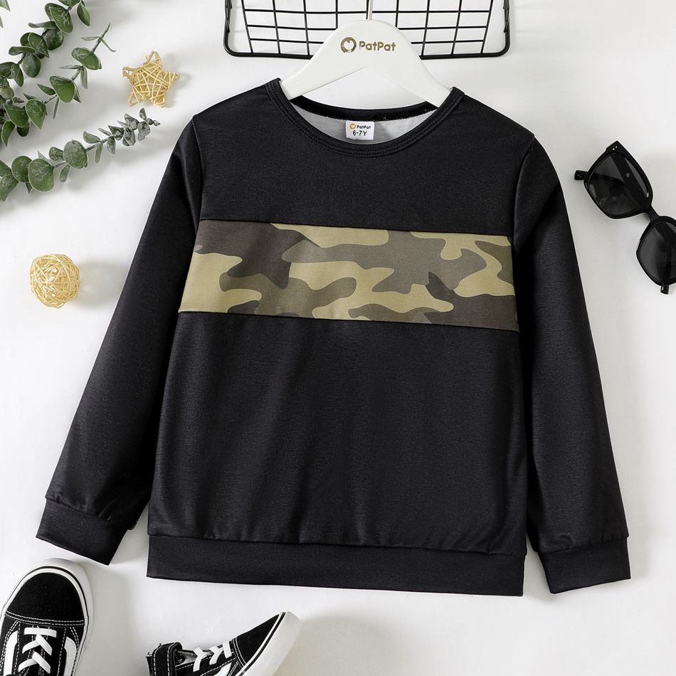 Kid Boy Casual Camouflage Print/Colorblock Pullover Sweatshirt Black