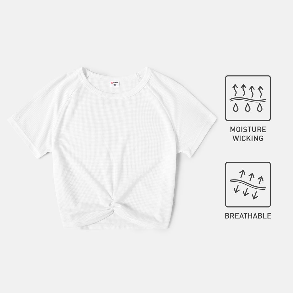 Activewear Moisture Wicking Toddler Girl Solid Color Twist Knot Breathable Short Raglan Sleeve Tee White