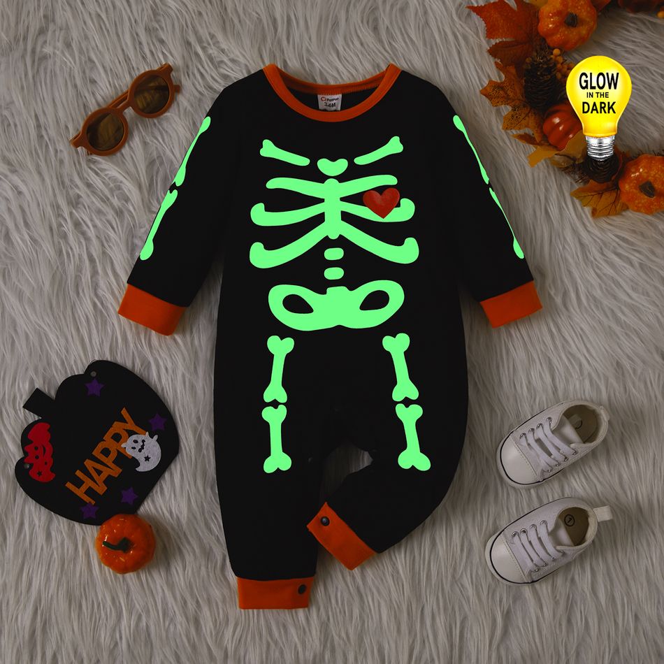 Halloween Baby Boy 96% Cotton Long-sleeve Glow In The Dark Skeleton Print Jumpsuit Black