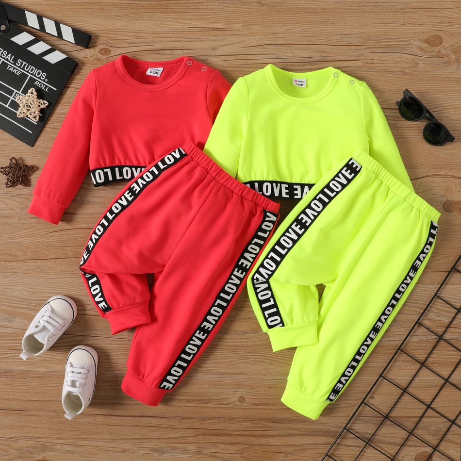 2pcs Baby Girl Letter Webbing Design Long-sleeve Crop Pullover and Sweatpants Set Watermelonred big image 2