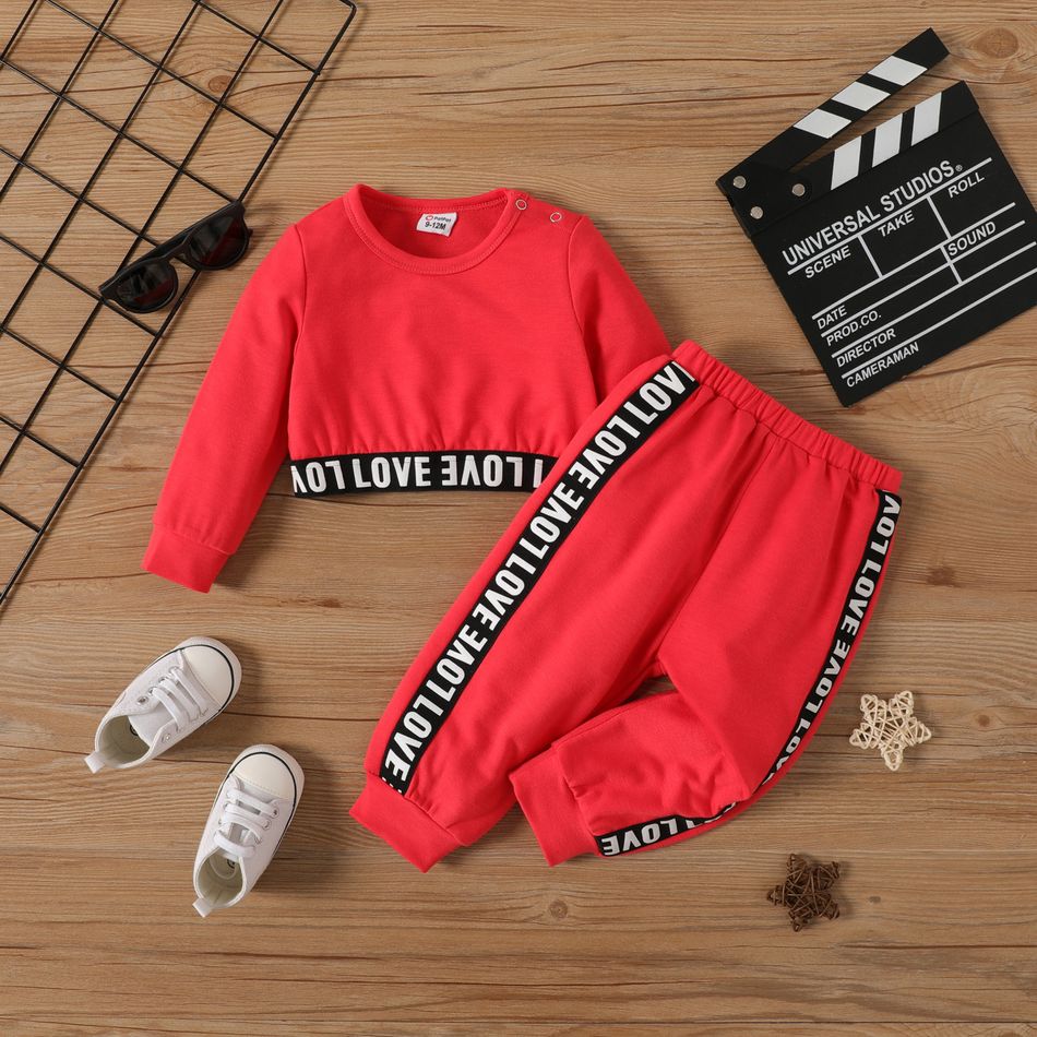 2pcs Baby Girl Letter Webbing Design Long-sleeve Crop Pullover and Sweatpants Set Watermelonred big image 1
