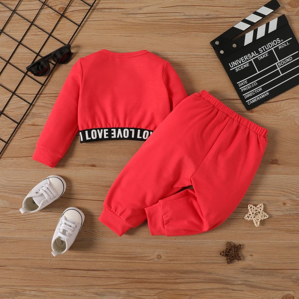 2pcs Baby Girl Letter Webbing Design Long-sleeve Crop Pullover and Sweatpants Set Watermelonred big image 3
