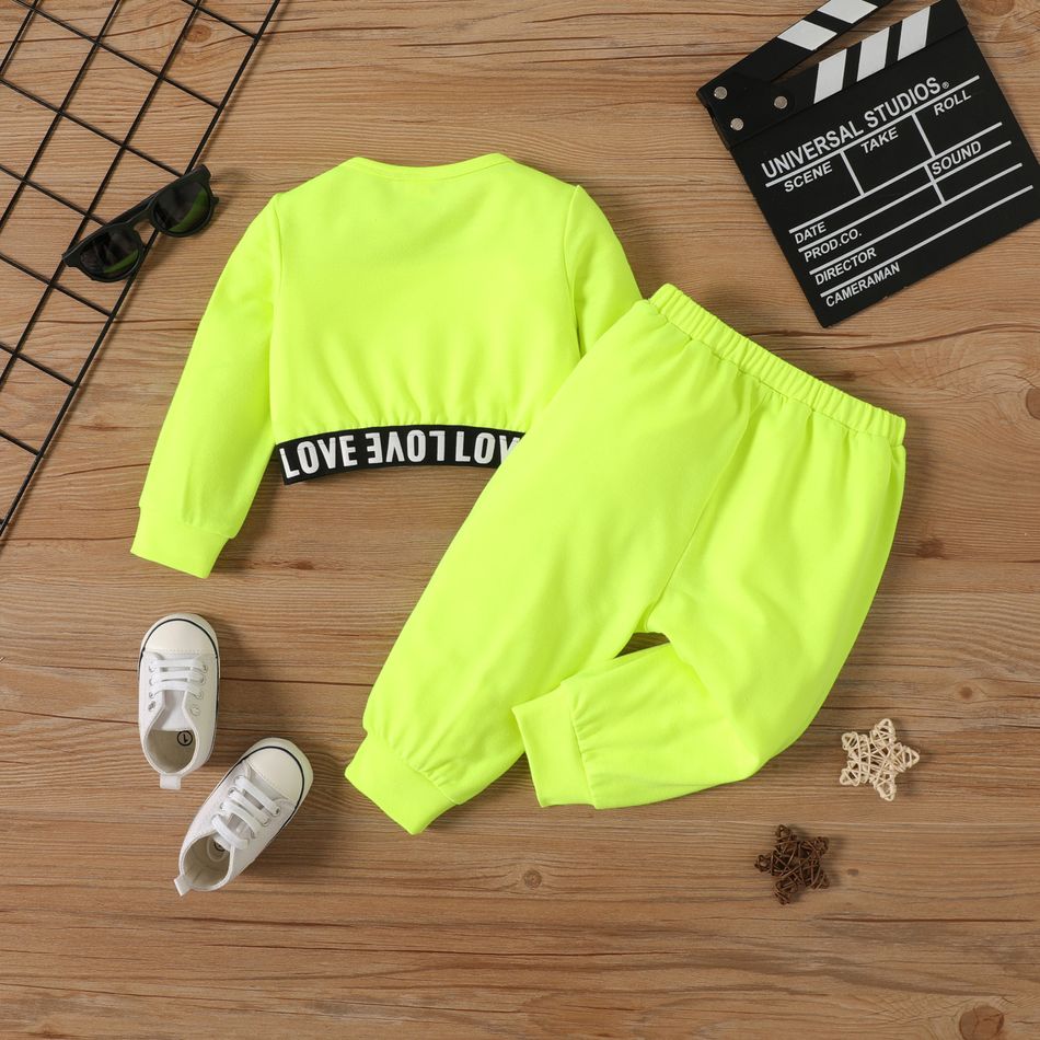 2pcs Baby Girl Letter Webbing Design Long-sleeve Crop Pullover and Sweatpants Set LUMINOUSYELLOW big image 2