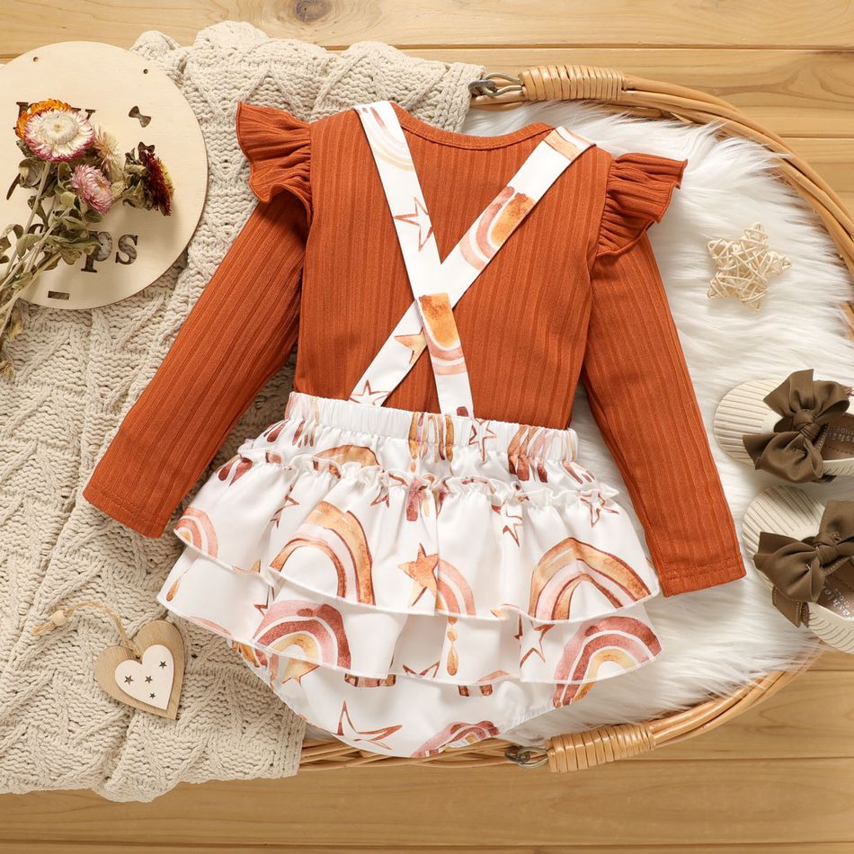 2pcs Baby Girl Solid Rib Knit Long-sleeve Top and Rainbow & Stars Print Layered Ruffle Suspender Skirt Set Brown big image 2