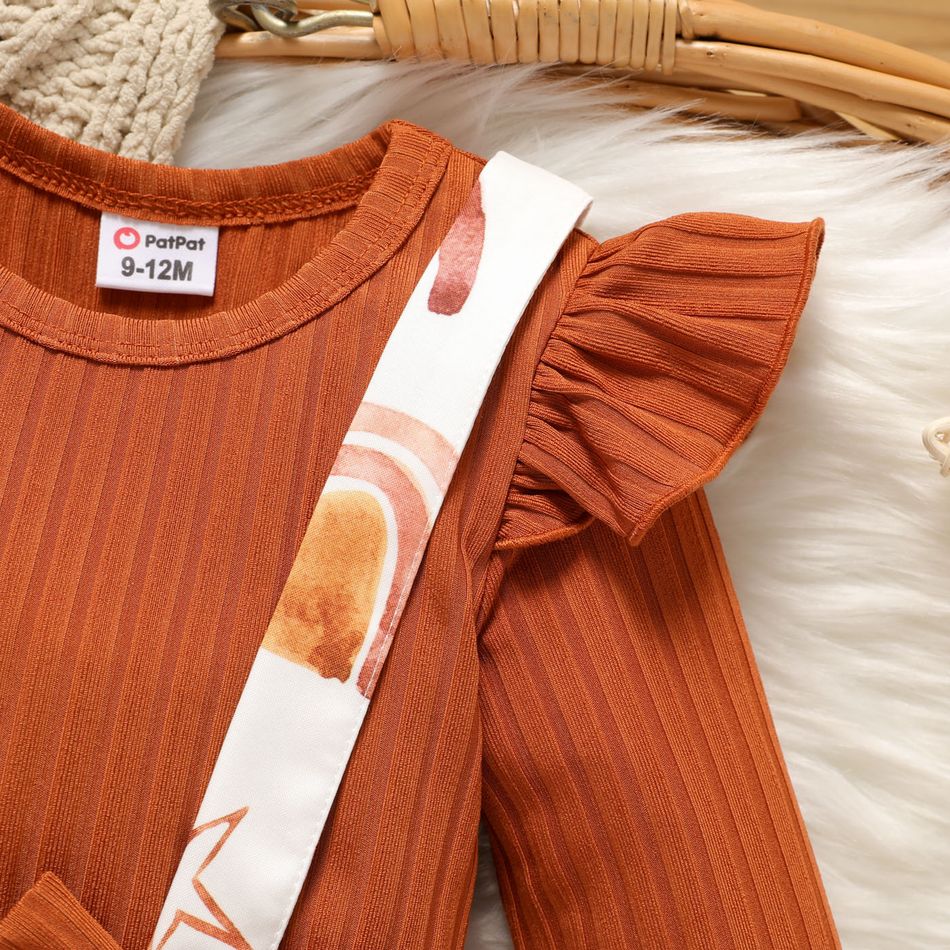 2pcs Baby Girl Solid Rib Knit Long-sleeve Top and Rainbow & Stars Print Layered Ruffle Suspender Skirt Set Brown big image 3