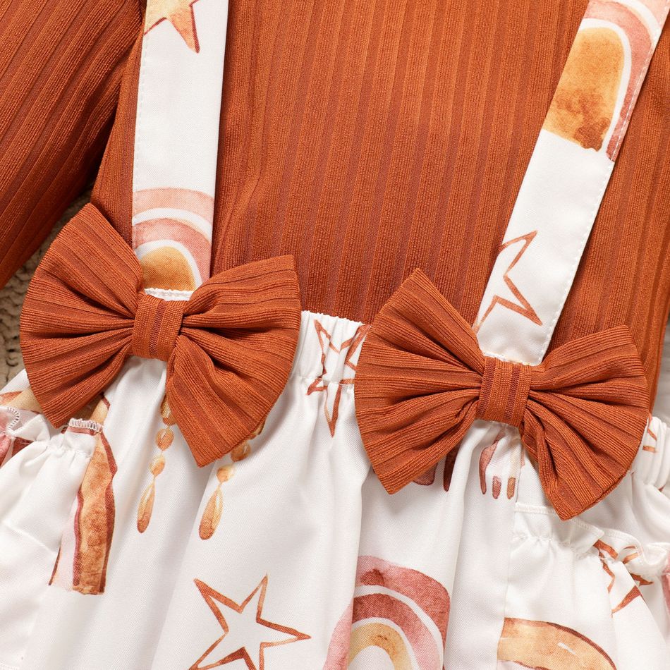 2pcs Baby Girl Solid Rib Knit Long-sleeve Top and Rainbow & Stars Print Layered Ruffle Suspender Skirt Set Brown big image 4