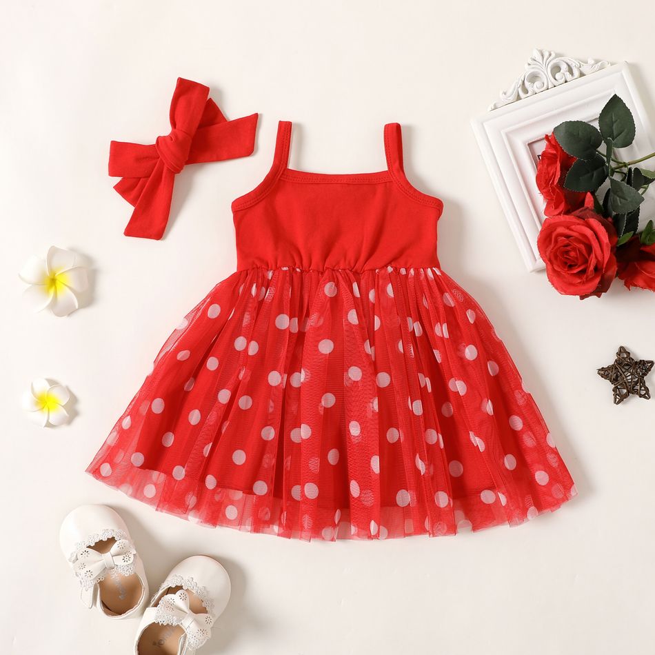 2pcs Baby Girl 95% Cotton Spliced Polka Dots Mesh Cami Dress with Headband Set Red