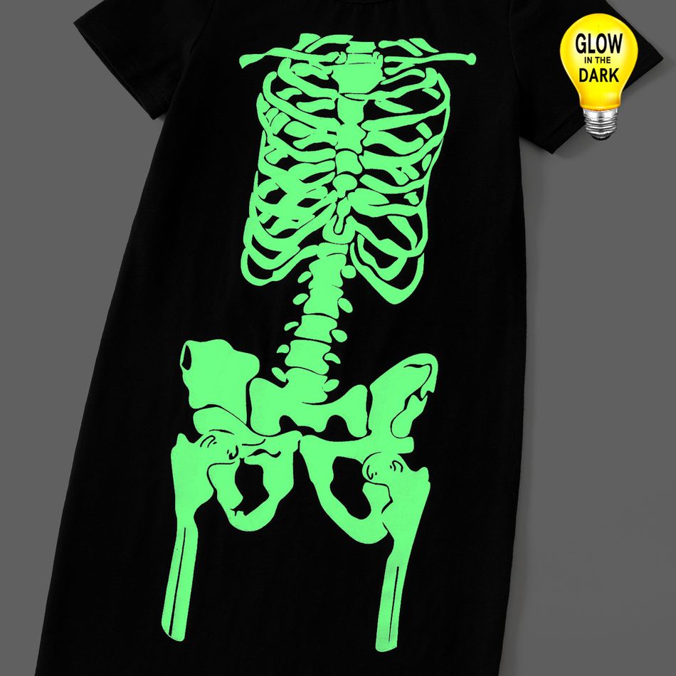 Halloween Glow In The Dark Skeleton Print 95% Cotton Short-sleeve Black Bodycon T-shirt Dress for Mom and Me Black big image 5