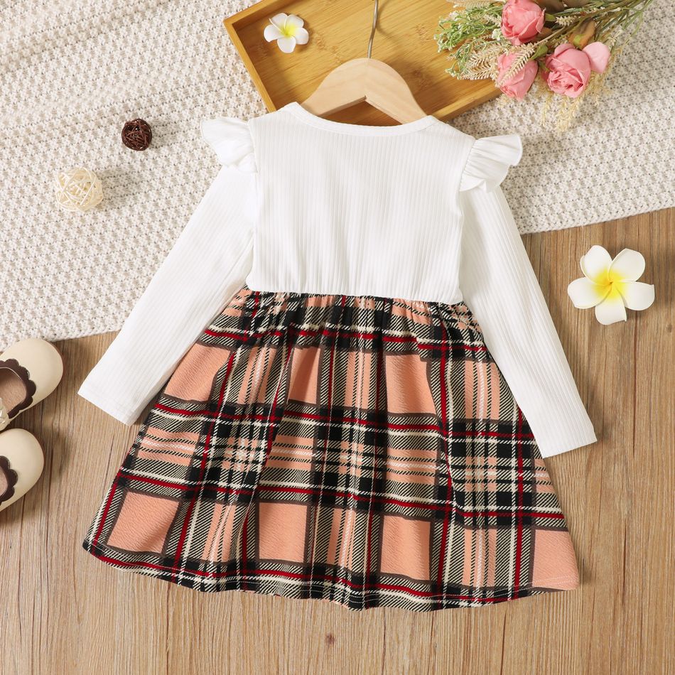Toddler Girl Faux-two Ruffle and Bow Decor Plaid Print Long-sleeve White Dress White big image 2