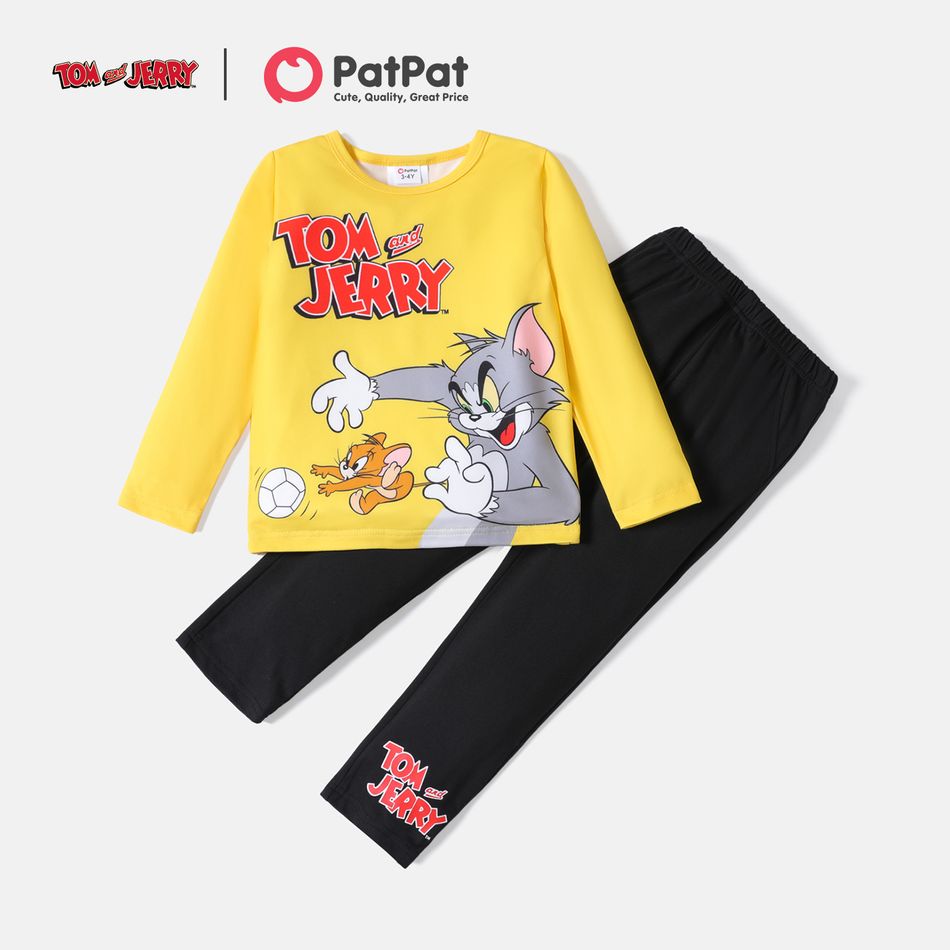 Tom and Jerry 2pcs Toddler Boy Letter Print Long-sleeve Tee and Black Pants Set Yellow