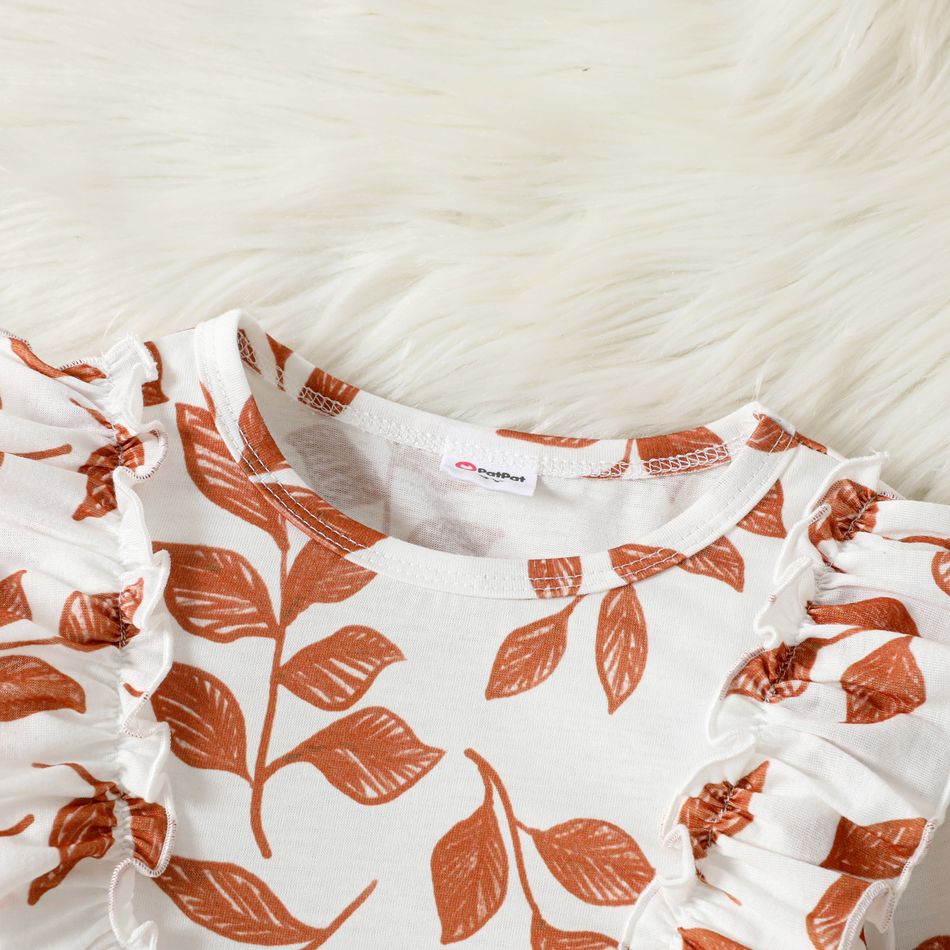 Toddler Girl Ruffled Floral Leaf Print Long-sleeve Tee White big image 4