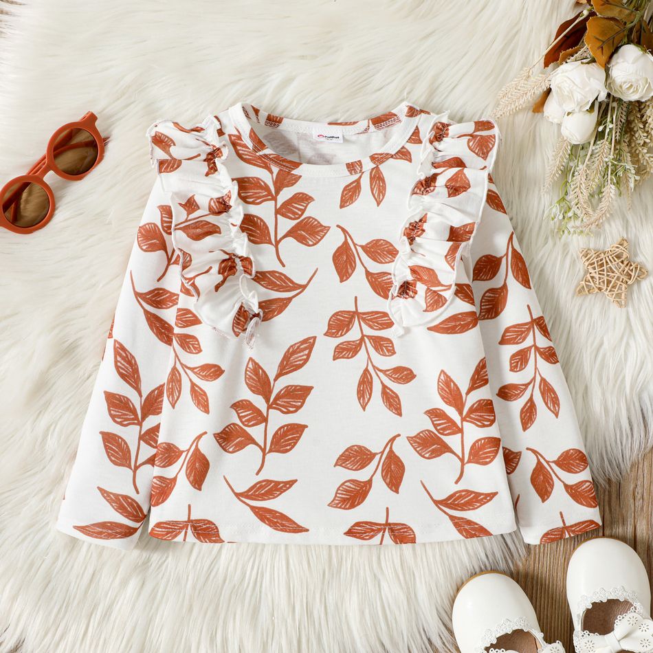 Toddler Girl Ruffled Floral Leaf Print Long-sleeve Tee White big image 1