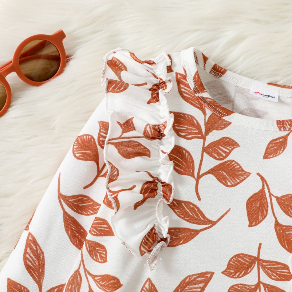 Toddler Girl Ruffled Floral Leaf Print Long-sleeve Tee White big image 5