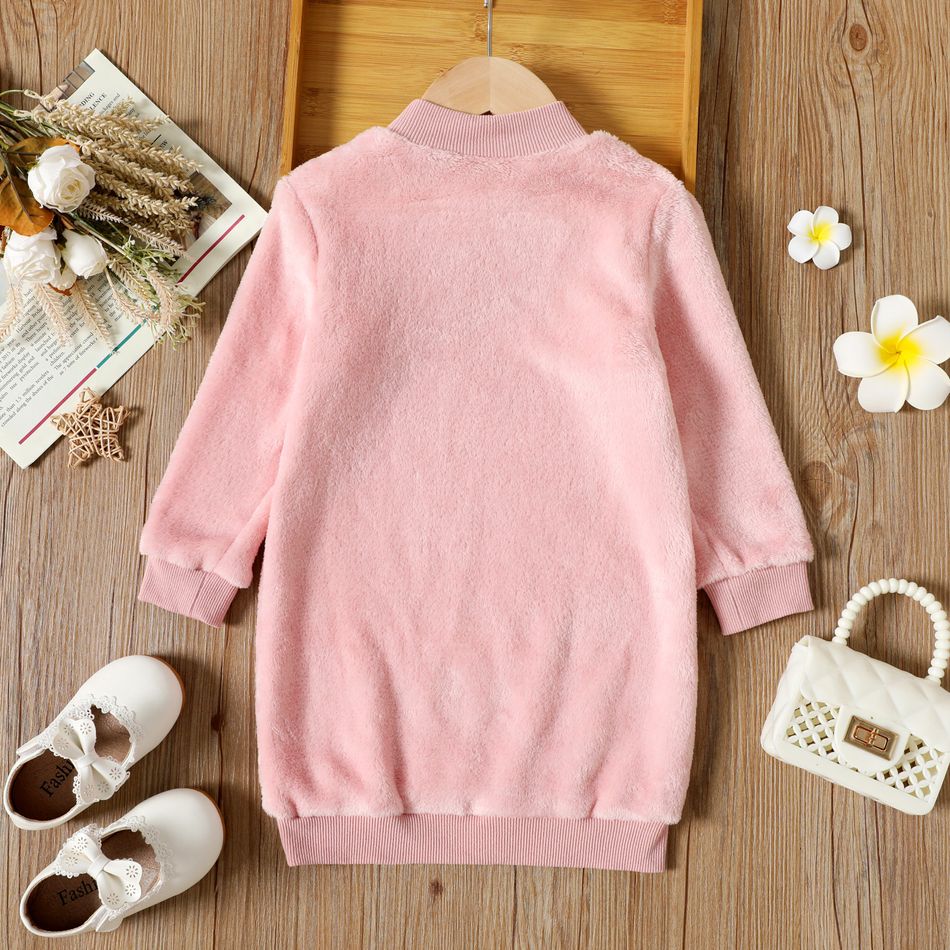 Toddler Girl Letter Embroidered Fleece Mock Neck Long-sleeve Pink Sweatshirt Dress Pink big image 2