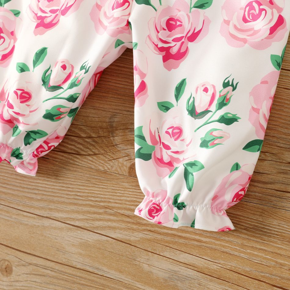 Baby Girl Bow Front Allover Pink Floral Print Mesh Long-sleeve Jumpsuit Color block big image 5