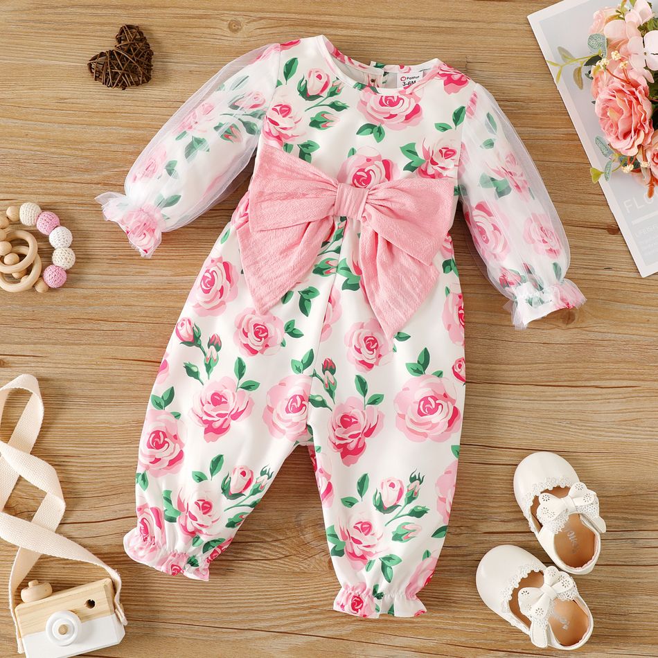 Baby Girl Bow Front Allover Pink Floral Print Mesh Long-sleeve Jumpsuit Color block big image 1