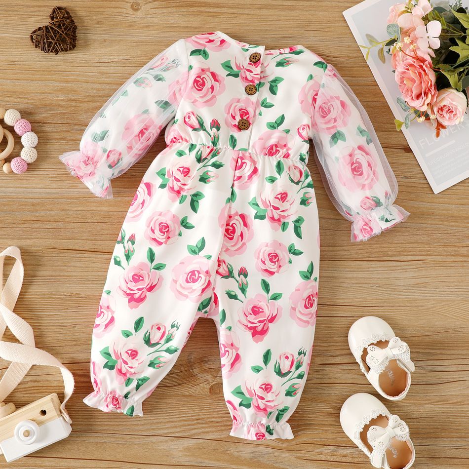Baby Girl Bow Front Allover Pink Floral Print Mesh Long-sleeve Jumpsuit Color block big image 2