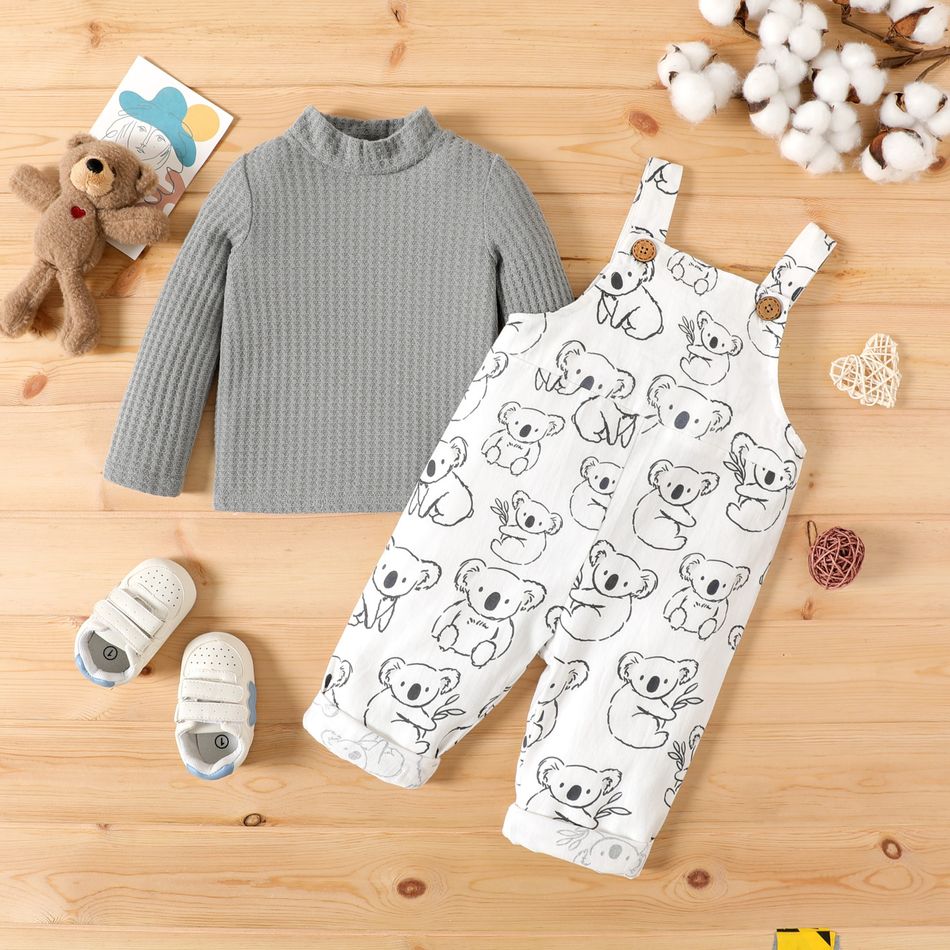 2pcs Baby Boy 100% Cotton Allover Koala Print Overalls and Long-sleeve Knitted Mock Neck Pullover Set Color block big image 2