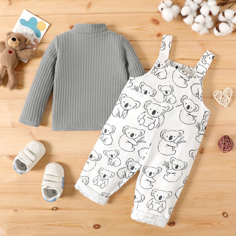 2pcs Baby Boy 100% Cotton Allover Koala Print Overalls and Long-sleeve Knitted Mock Neck Pullover Set Color block big image 3