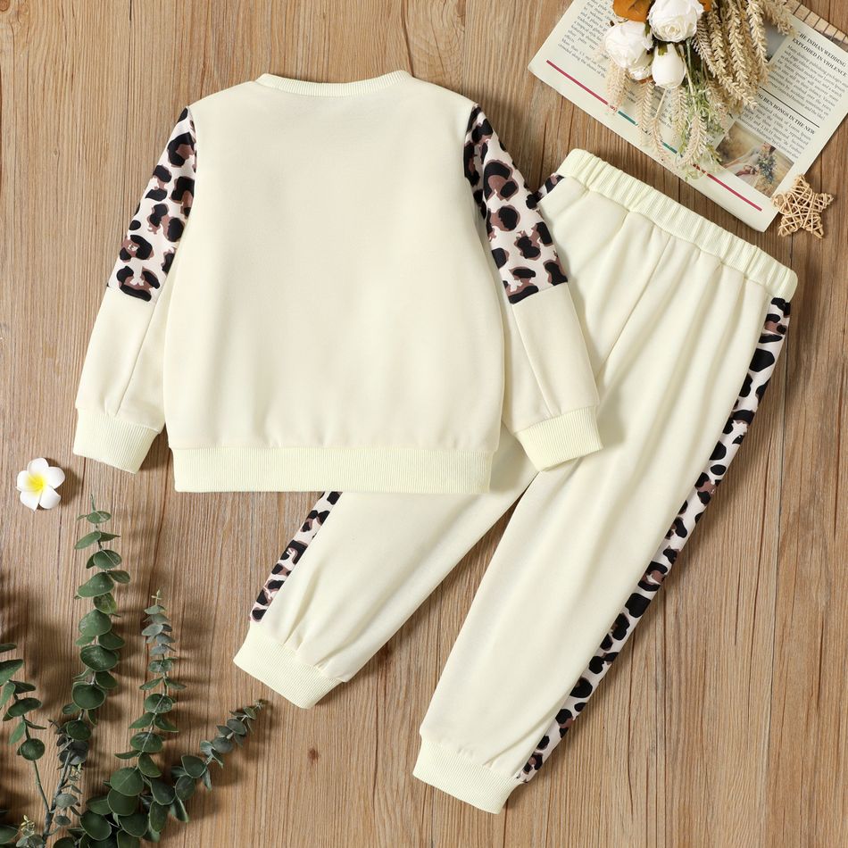 2pcs Toddler Girl Letter Leopard Print Colorblock Sweatshirt and Pants Set Almond Beige big image 2