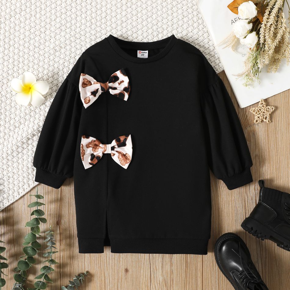 Toddler Girl Bowknot Design Side Slit Black Sweatshirt Dress Black