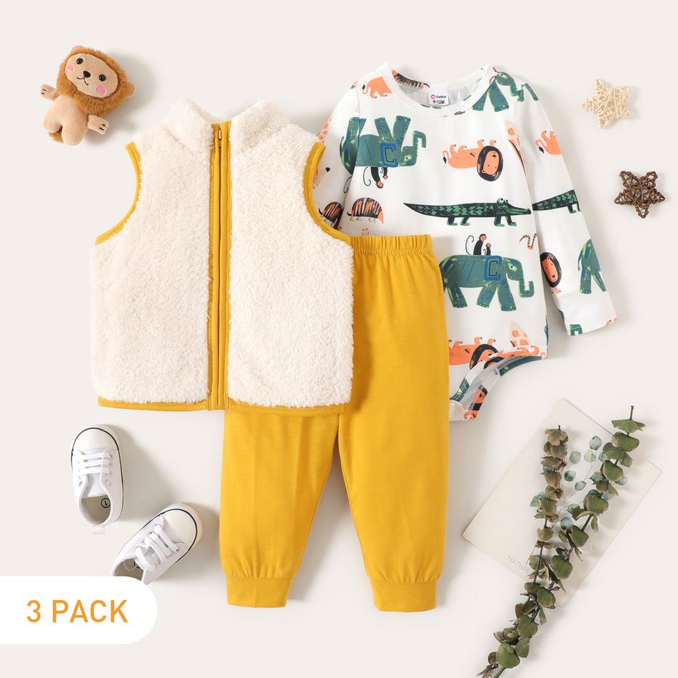 3pcs Baby Boy 95% Cotton Long-sleeve Allover Animal Print Romper Fuzzy Vest with Solid Pants Set Color block