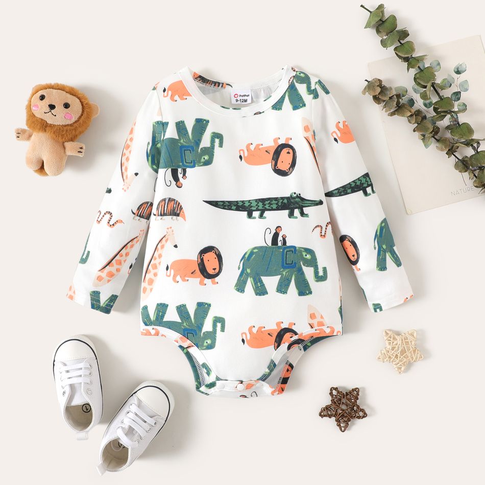 3pcs Baby Boy 95% Cotton Long-sleeve Allover Animal Print Romper Fuzzy Vest with Solid Pants Set Color block big image 2
