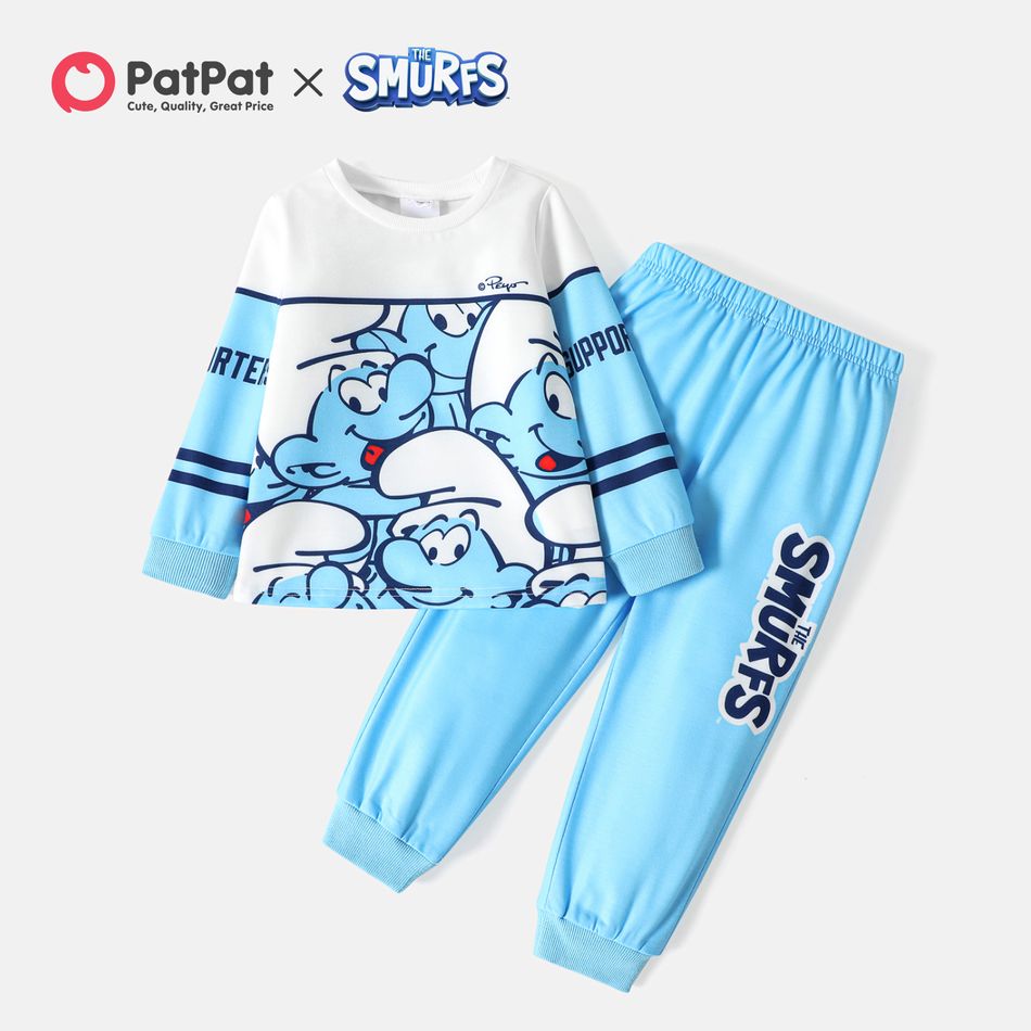 Smurfs 2pcs Toddler Boy Colorblock Letter Print Long-sleeve Tee and Cotton Pants Set Sky blue