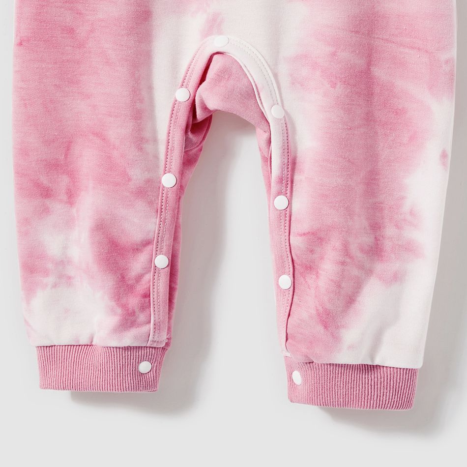 Mommy and Me Letter Print Pink Tie Dye Drop Shoulder Long-sleeve Sweatshirts and Shorts Sets Pink