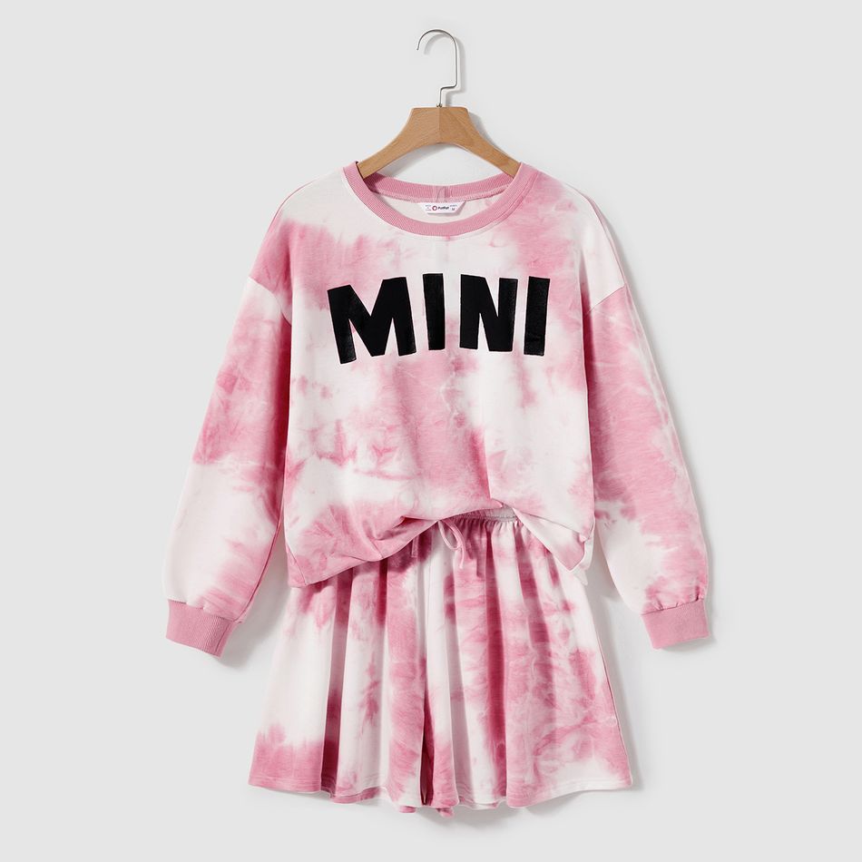 Mommy and Me Letter Print Pink Tie Dye Drop Shoulder Long-sleeve Sweatshirts and Shorts Sets Pink big image 5
