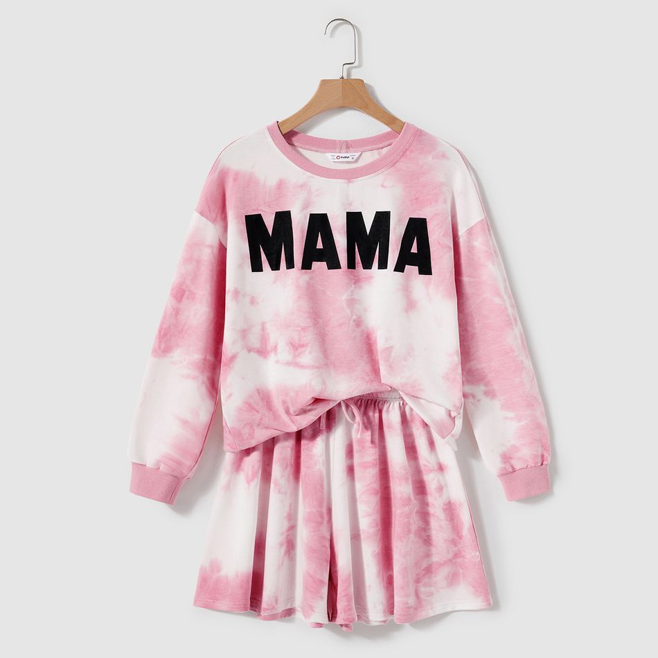 Mommy and Me Letter Print Pink Tie Dye Drop Shoulder Long-sleeve Sweatshirts and Shorts Sets Pink big image 2