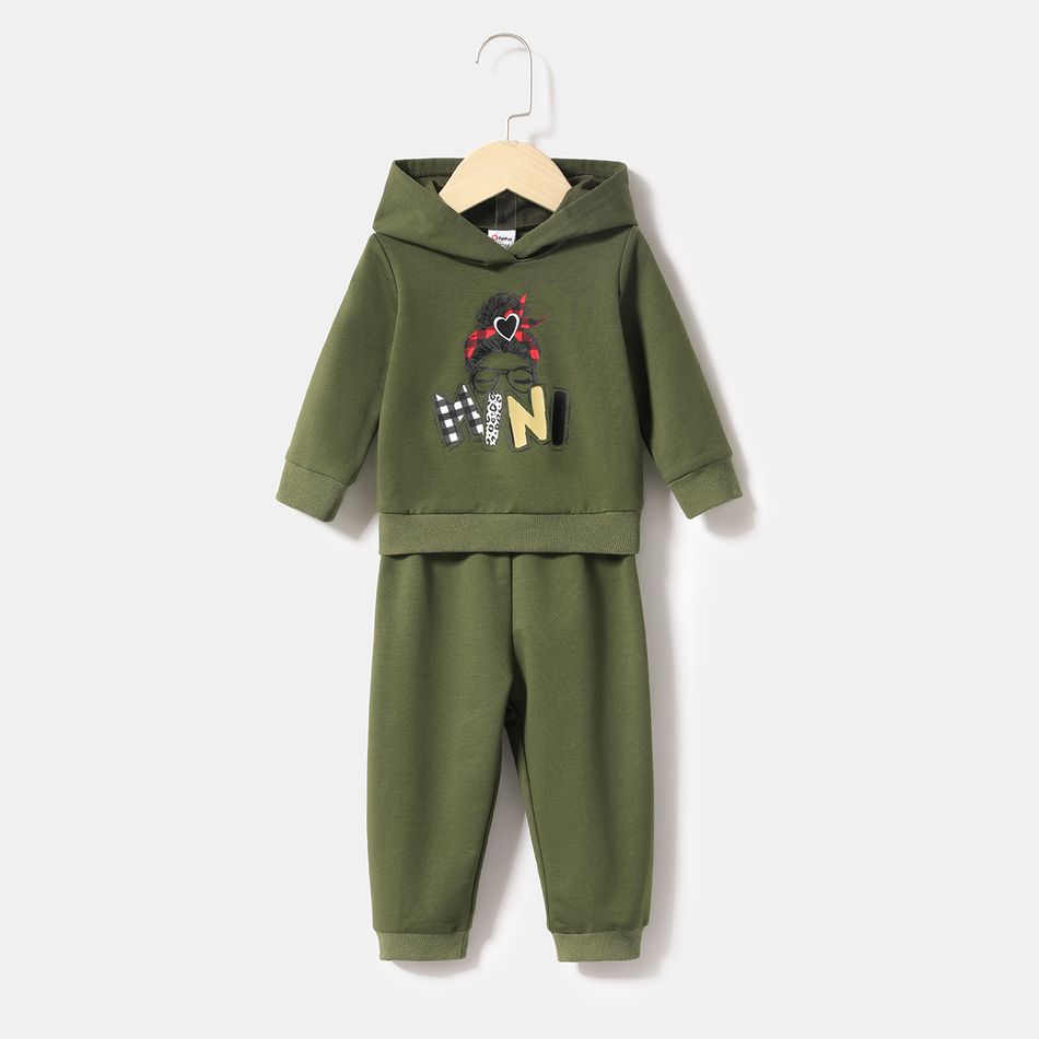 Mommy and Me Figure & Letter Print Green Long-sleeve Hoodie Dress Army green big image 6
