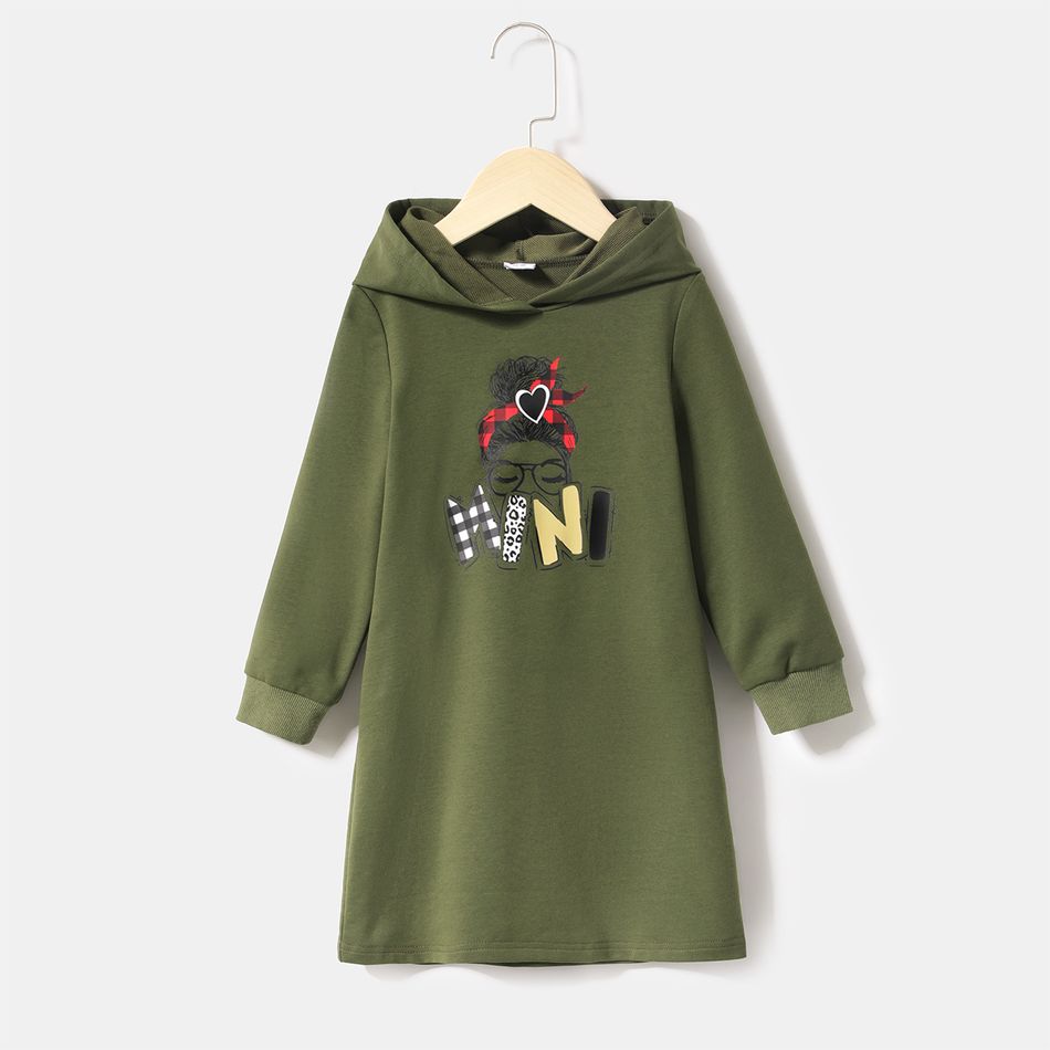 Mommy and Me Figure & Letter Print Green Long-sleeve Hoodie Dress Army green big image 5