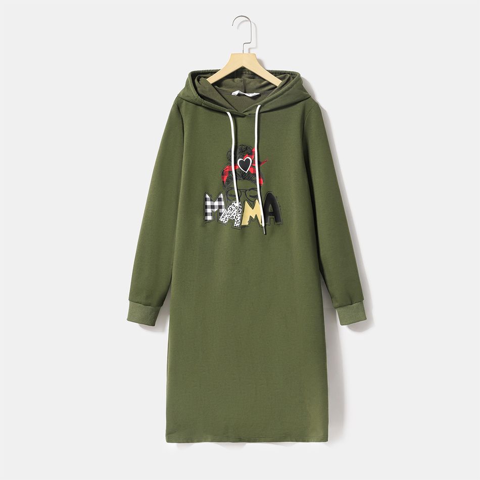 Mommy and Me Figure & Letter Print Green Long-sleeve Hoodie Dress Army green big image 2