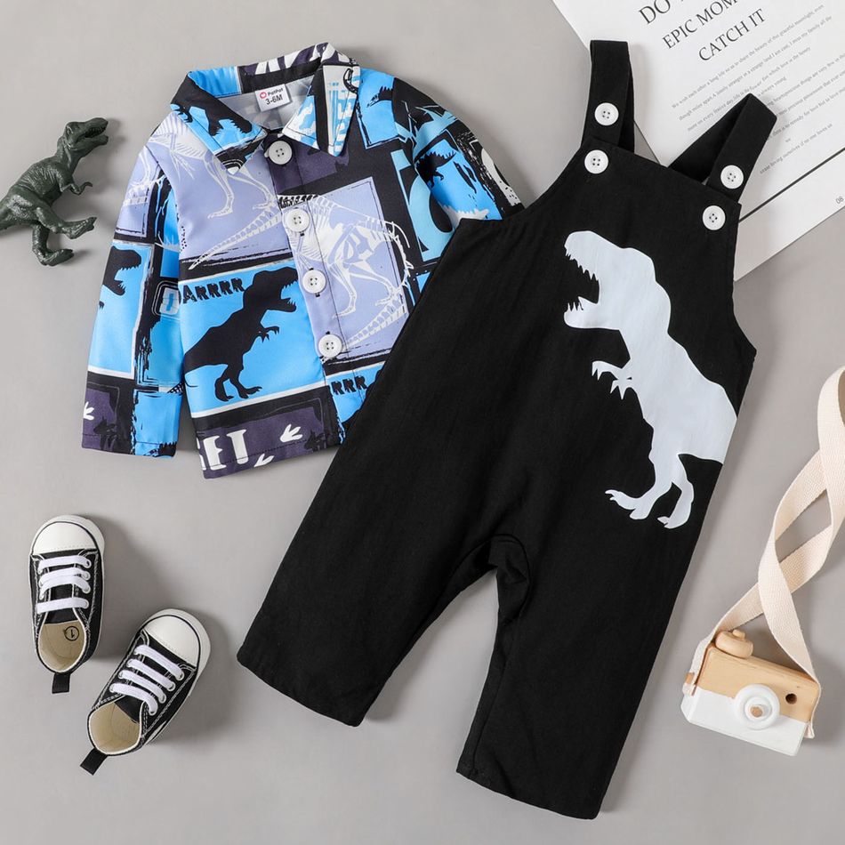 2pcs Baby Boy 100% Cotton Dinosaur Print Overalls and Long-sleeve Button Up Shirt Set Color block big image 1