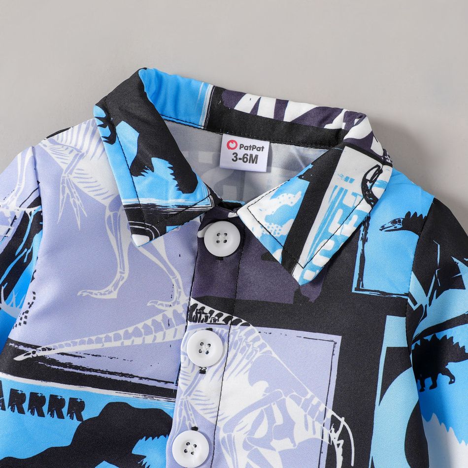 2pcs Baby Boy 100% Cotton Dinosaur Print Overalls and Long-sleeve Button Up Shirt Set Color block big image 5
