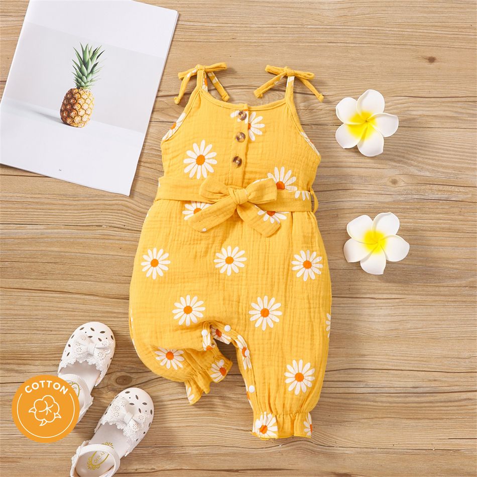 100% Cotton Crepe Baby Girl Button Front Allover Daisy Floral Print Belted Cami Jumpsuit Yellow