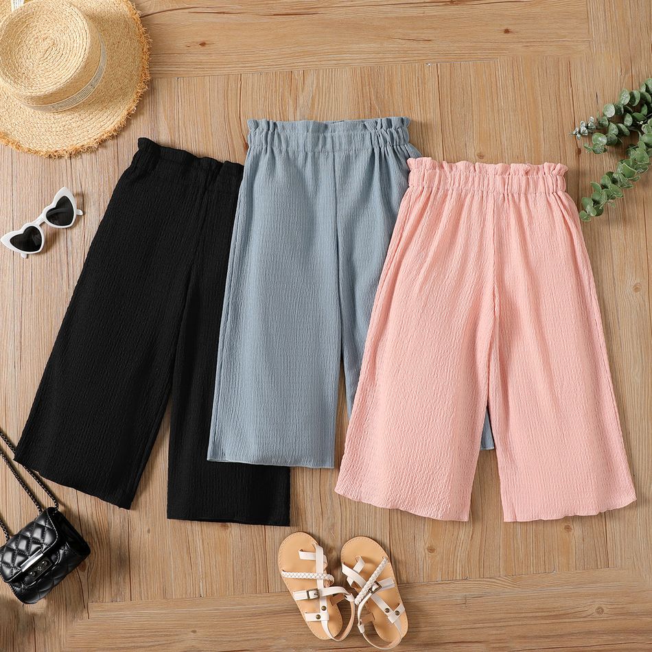 Kid Girl Solid Color Lettuce Trim Wide Leg Paperbag Calf Length Pants Black big image 2