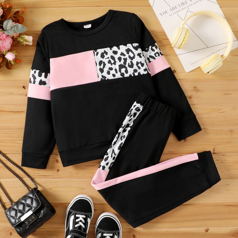 2pcs Kid Girl Leopard Print Colorblock Sweatshirt and Black Pants Set Black big image 1