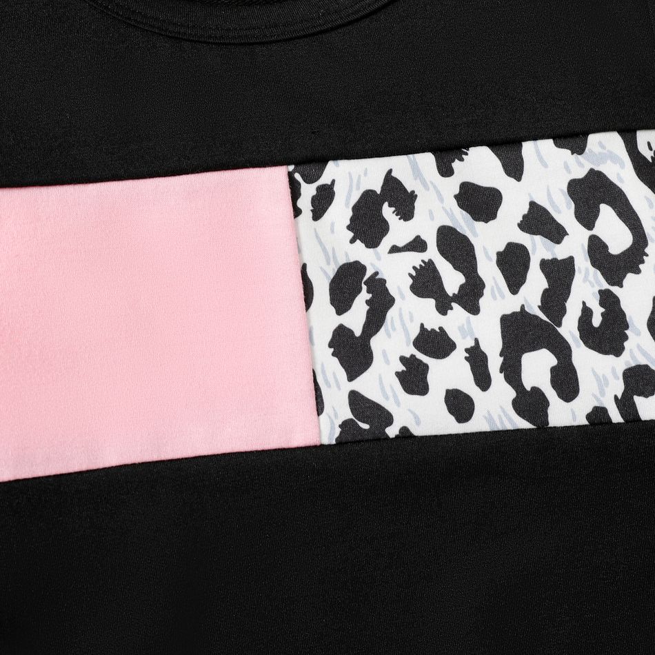 2pcs Kid Girl Leopard Print Colorblock Sweatshirt and Black Pants Set Black big image 4