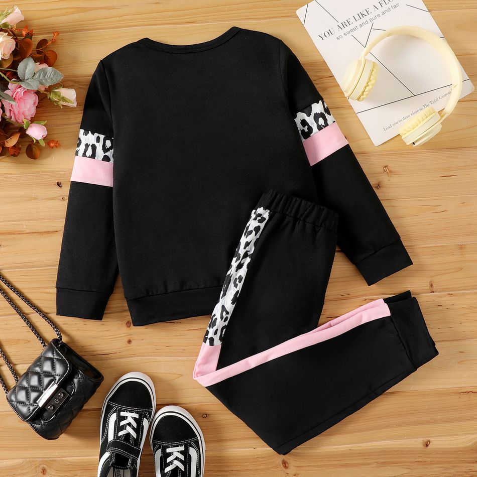 2pcs Kid Girl Leopard Print Colorblock Sweatshirt and Black Pants Set Black big image 2